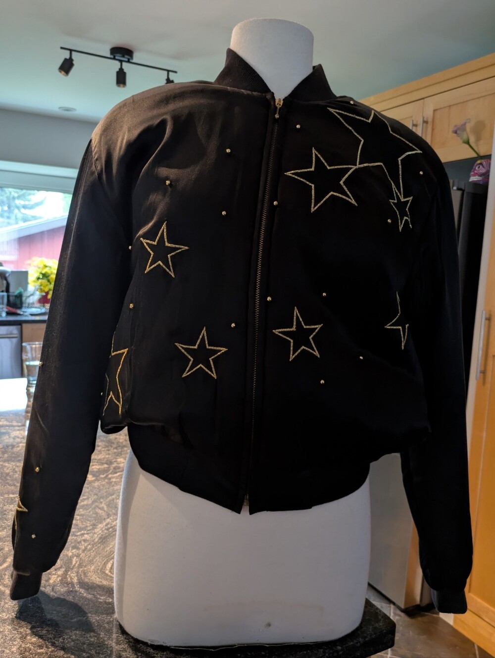 Black Star-Embroidered Women's Silk Bomber Jacket - M